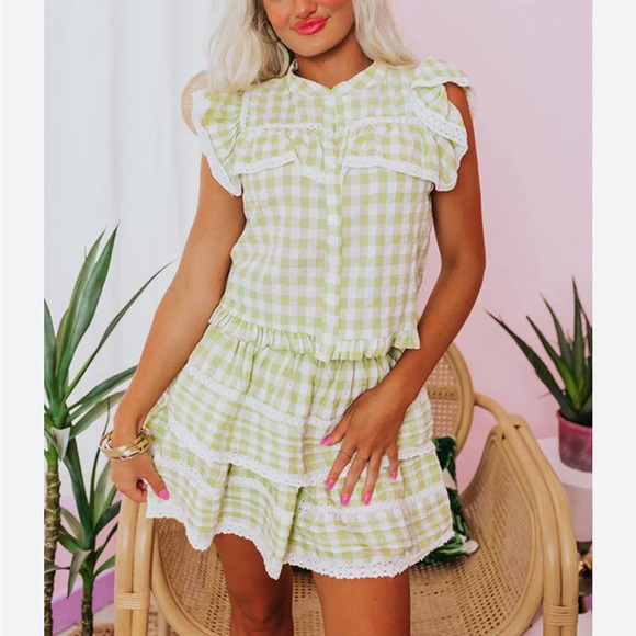 Day + Moon green & white gingham checkered lace ruffles crop shirt top Size M - Picture 1 of 17